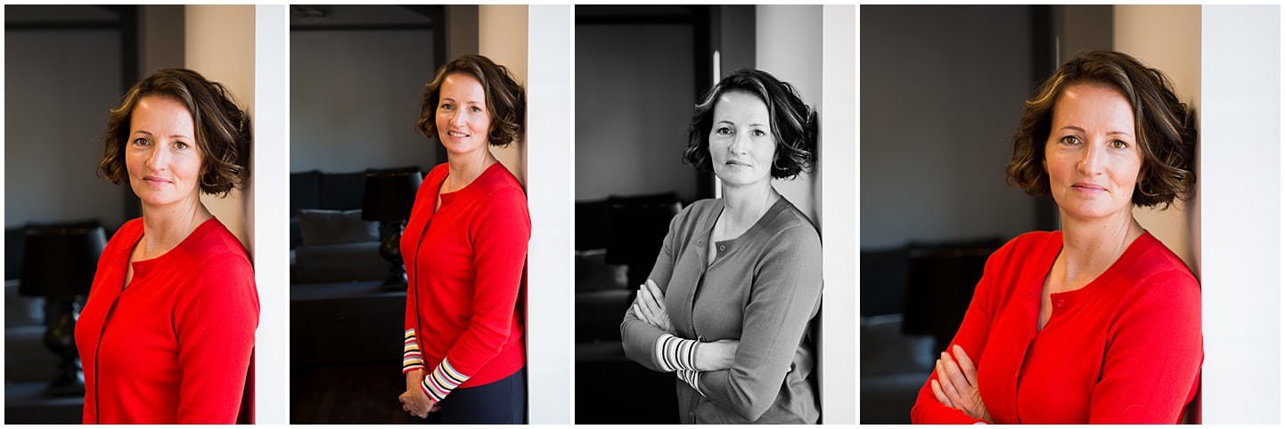 Headshots of business woman wearing red top
