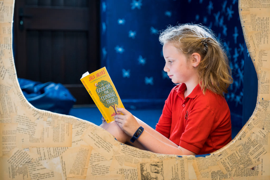 Young girl reading a book in her school library.  Posed for a school marketing photography shoot.