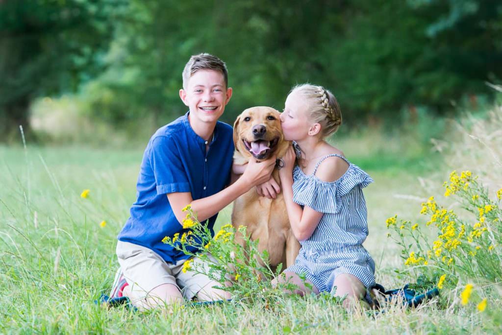 Family Photoshoots in Ardingly - a boy and a girl cuddling their dog in a meadow